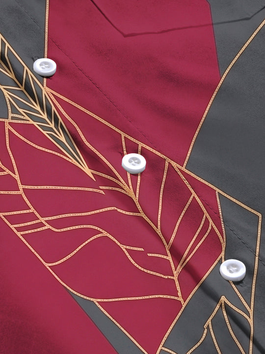 Adaychic Men's Vintage Style Gold Leaf Vein Geometry Print Long Sleeve Shirt with Chest Pocket
