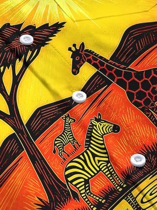 Adaychic Men's Hawaiian African Safari Sunset Print Long Sleeve Shirt with Chest Pocket