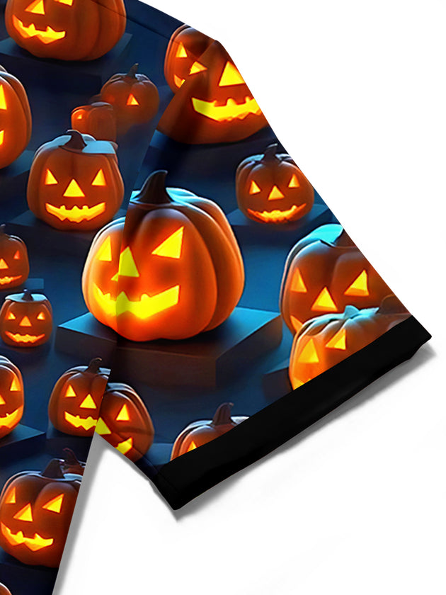 Adaychic Men's Graphic Halloween Jack-o-lantern Print Short Sleeve Shirt with Chest Pocket