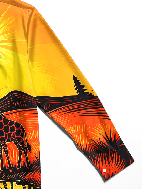 Adaychic Men's Hawaiian African Safari Sunset Print Long Sleeve Shirt with Chest Pocket