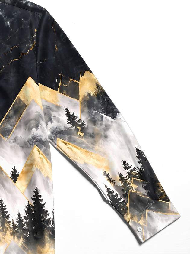 Adaychic Men's Geometric Mountains And Forest Trees Print Long Sleeve Shirt with Chest Pocket