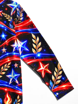 Adaychic Men's Long Sleeve Shirt - Veterans Day Patriotic Stars And Torches With Laurel Wreaths Print with Chest Pocket