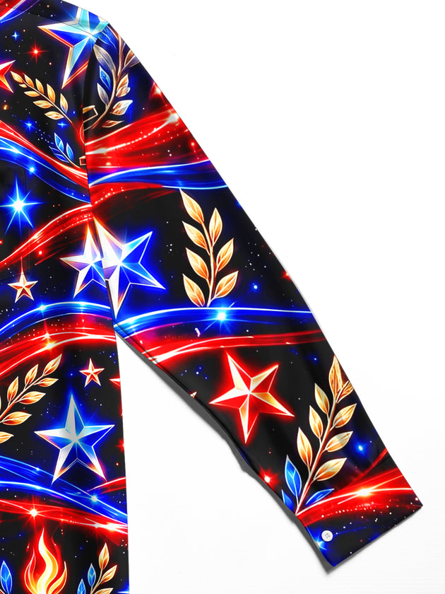 Adaychic Men's Long Sleeve Shirt - Veterans Day Patriotic Stars And Torches With Laurel Wreaths Print with Chest Pocket