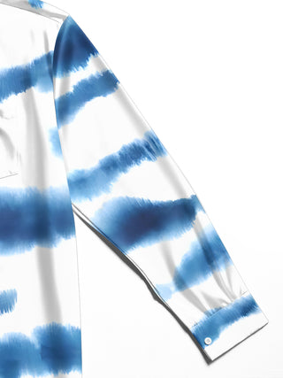 Adaychic Men's Blue And White Horizontal Stripes Print Long Sleeve Shirt with Chest Pocket