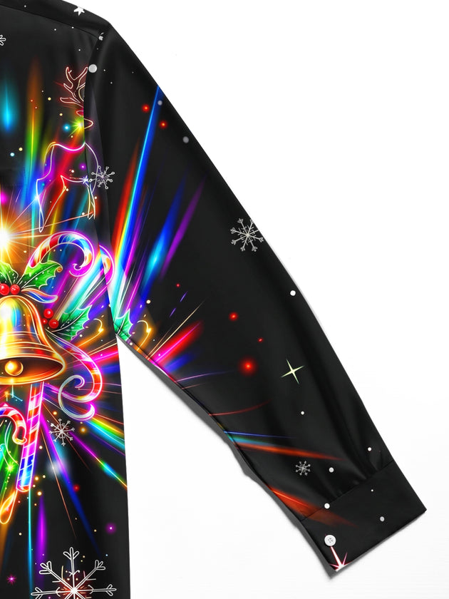 Adaychic Men's Graphic Neon Christmas Bell Print Long Sleeve Shirt with Chest Pocket