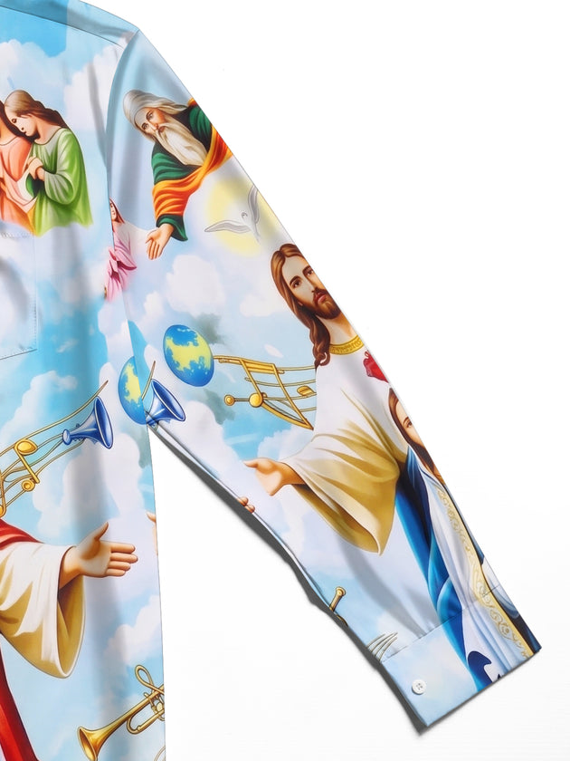 Adaychic Men's Graphic Musical Notes Print Long Sleeve Shirt with Chest Pocket