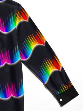 Adaychic Men's Patterned Rainbow Wave Lines Print Long Sleeve Shirt with Chest Pocket