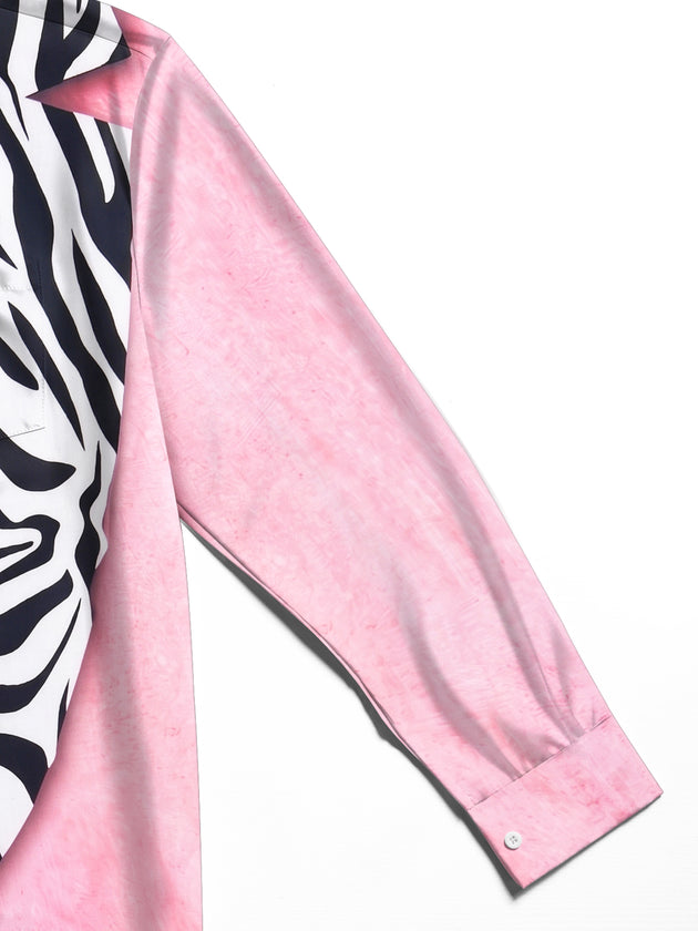 Adaychic Men's Printed Zebra Print Pink Shirt Print Long Sleeve Shirt with Chest Pocket