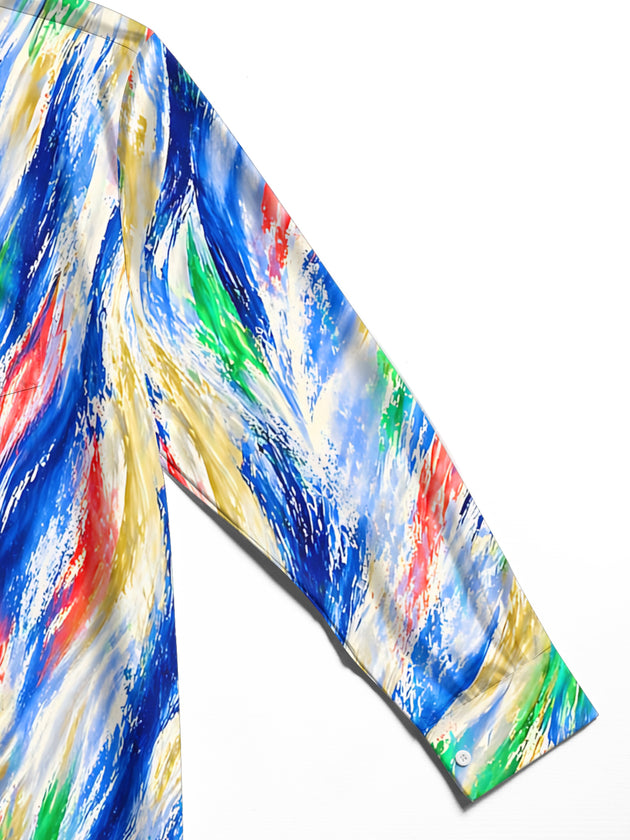 Adaychic Men's Printed Abstract Brushstroke Gradient Print Long Sleeve Shirt with Chest Pocket