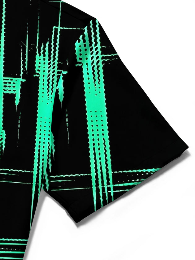 Adaychic Men's Hawaiian Geometric Grid Lines Print Short Sleeve Shirt with Chest Pocket