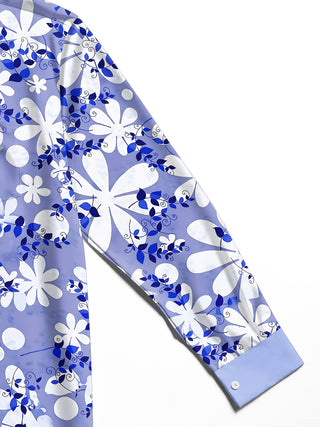 Adaychic Men's Hawaiian Blue And White Floral Pattern Long Sleeve Shirt with Chest Pocket