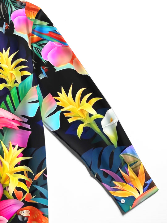 Adaychic Men's Hawaiian Flamingo Print Tropical Flowers Print Long Sleeve Shirt with Chest Pocket