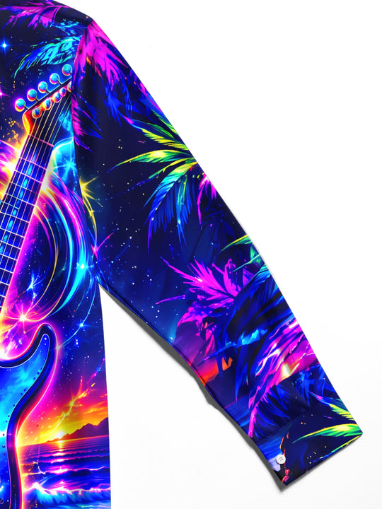 Adaychic Men's Neon Electric Guitar And Sunset Ocean Print Long Sleeve Shirt with Chest Pocket