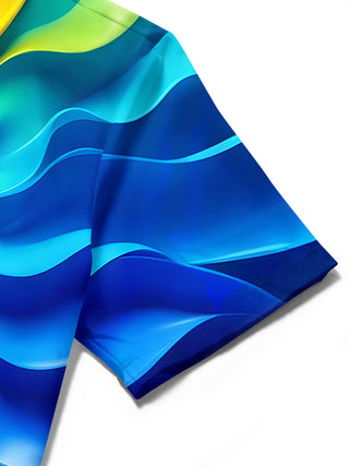 Men's tie dye abstract print short sleeve shirt close-up stitching detail