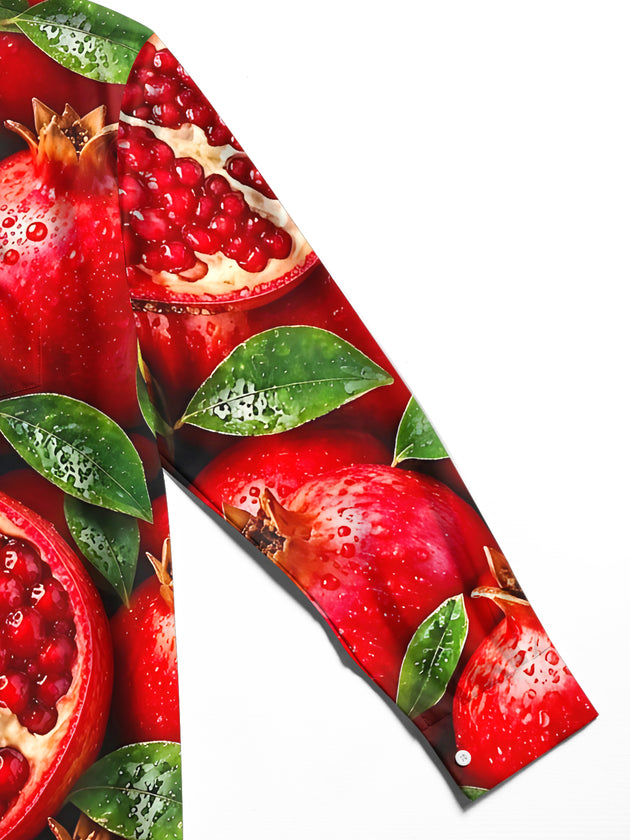 Adaychic Men's Printed Pomegranate Fruit And Leaves Print Long Sleeve Shirt with Chest Pocket