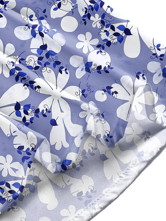 Adaychic Men's Hawaiian Blue And White Floral Pattern Long Sleeve Shirt with Chest Pocket