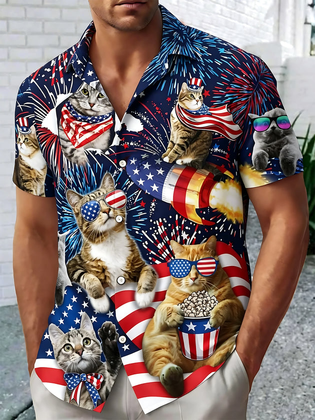 men's cat print shirt front view Independence Day