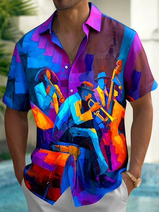 Adaychic Men's Abstract Jazz Musicians Graphic Print Short Sleeve Button Down Shirt with Chest Pocket