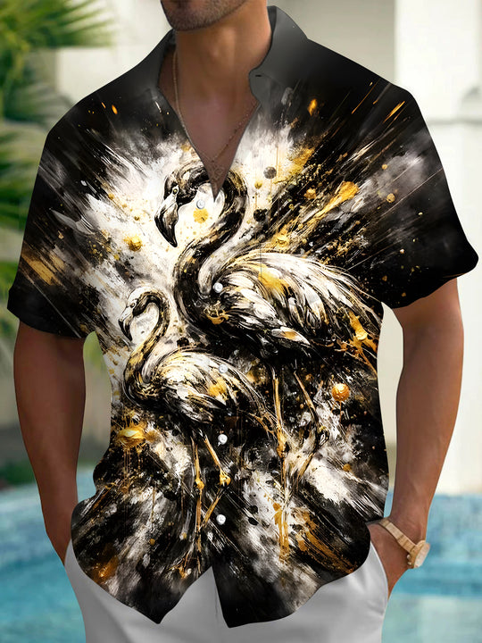 Men's Hawaiian print pocket short sleeve shirt front view for tropical beach vacation