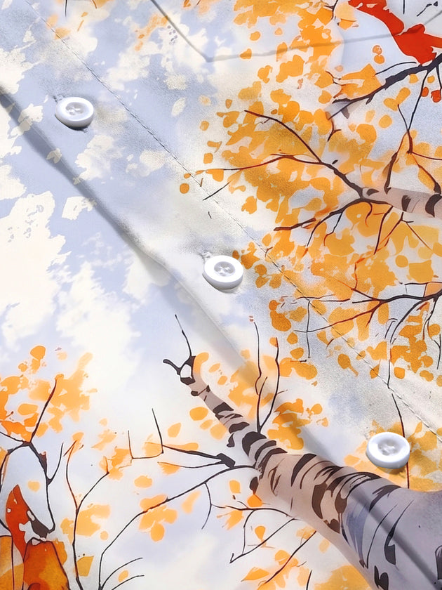 Adaychic Men's Printed Autumn Birch Forest Print Long Sleeve Shirt with Chest Pocket