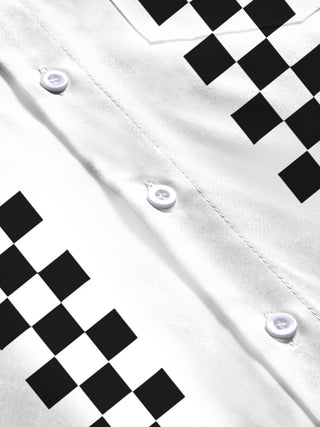 Adaychic Men's Black And White Checkerboard Stripes Print Long Sleeve Shirt with Chest Pocket