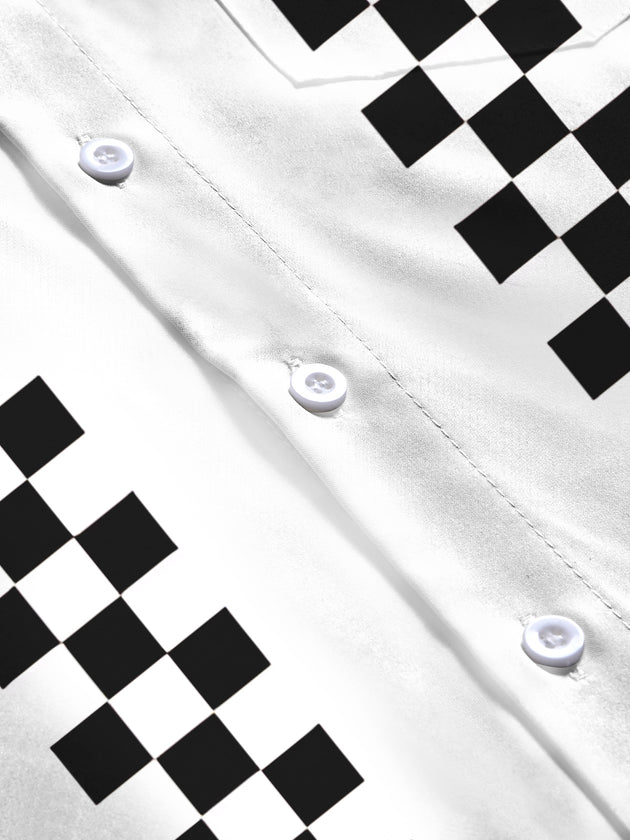 Adaychic Men's Black And White Checkerboard Stripes Print Long Sleeve Shirt with Chest Pocket