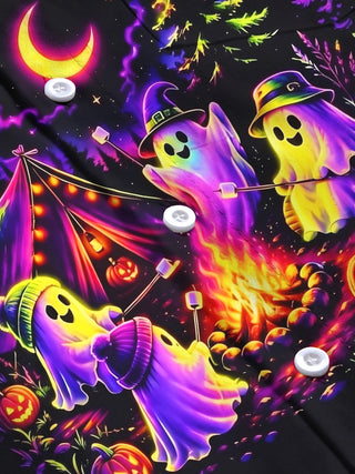 Adaychic Men's Graphic Halloween Ghost Camping Print Long Sleeve Shirt with Chest Pocket