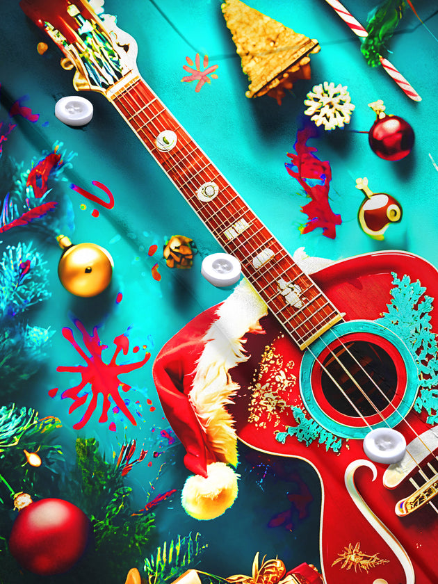 Adaychic Men's Printed Christmas Guitar Print Long Sleeve Shirt with Chest Pocket