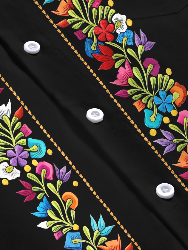Adaychic Men's Floral Colorful Floral Embroidery Print Long Sleeve Shirt with Chest Pocket