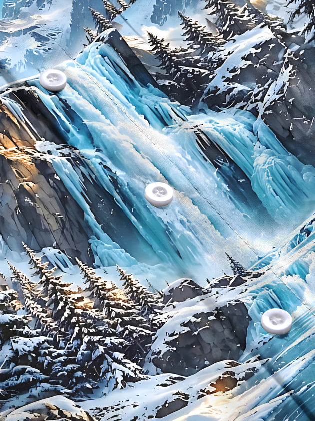 Adaychic Men's Long Sleeve Shirt - Snowy Mountain Landscape With Ice Waterfall Print with Chest Pocket