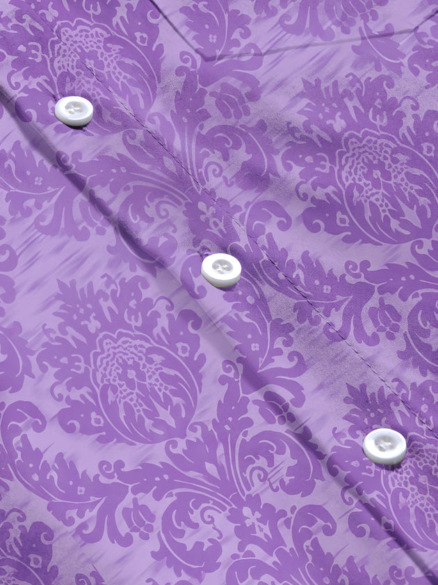 Adaychic Men's Printed Purple Damask Pattern Long Sleeve Shirt with Chest Pocket