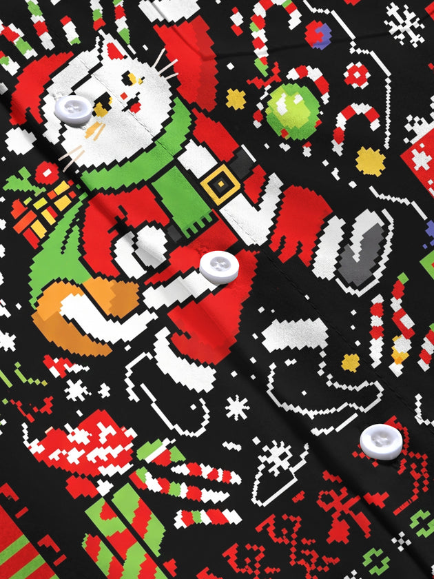 Adaychic Men's Graphic Pixel Art Christmas Cat Print Long Sleeve Shirt with Chest Pocket