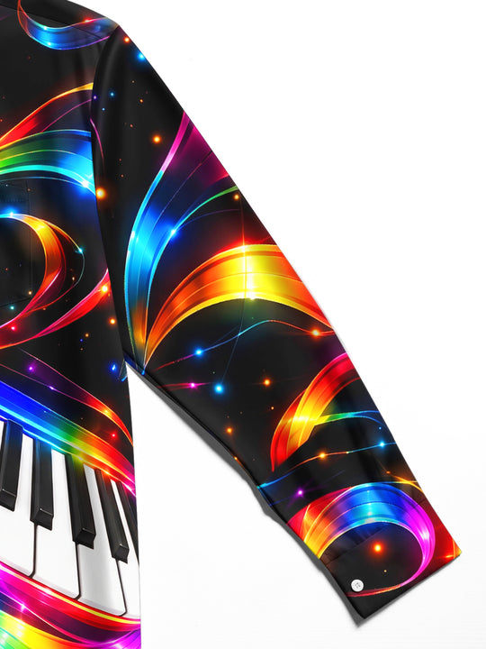 Adaychic Men's Long Sleeve Shirt - Neon Piano Keyboard And Rainbow Light Waves Print with Chest Pocket