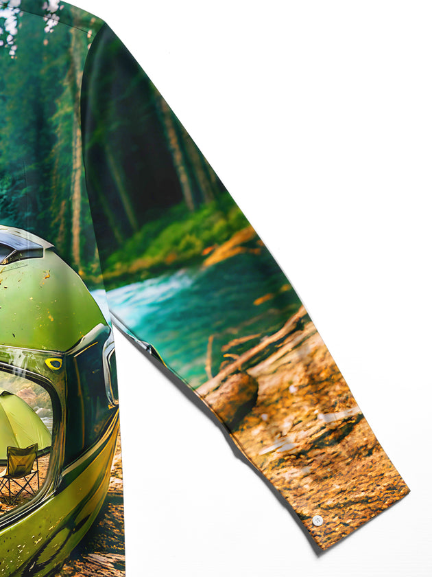 Adaychic Men's Printed Motorcycle Helmet Camping Scene Print Long Sleeve Shirt with Chest Pocket