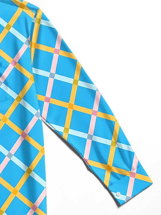 Adaychic Men's Patterned Colorful Grid Pattern Long Sleeve Shirt with Chest Pocket