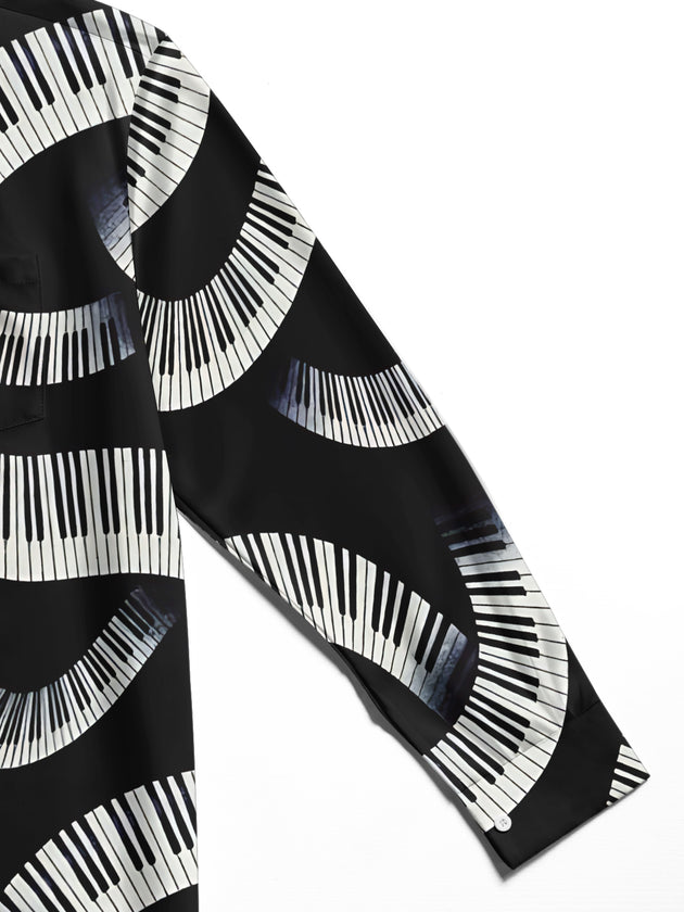 Adaychic Men's Graphic Wavy Piano Keys Print Long Sleeve Shirt with Chest Pocket