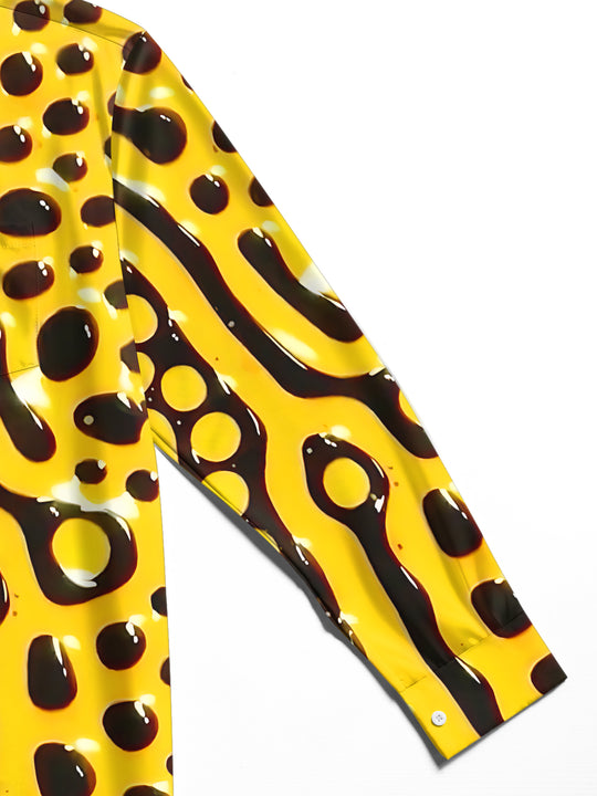 Adaychic Men's Abstract Yellow And Black Circles Print Long Sleeve Shirt with Chest Pocket