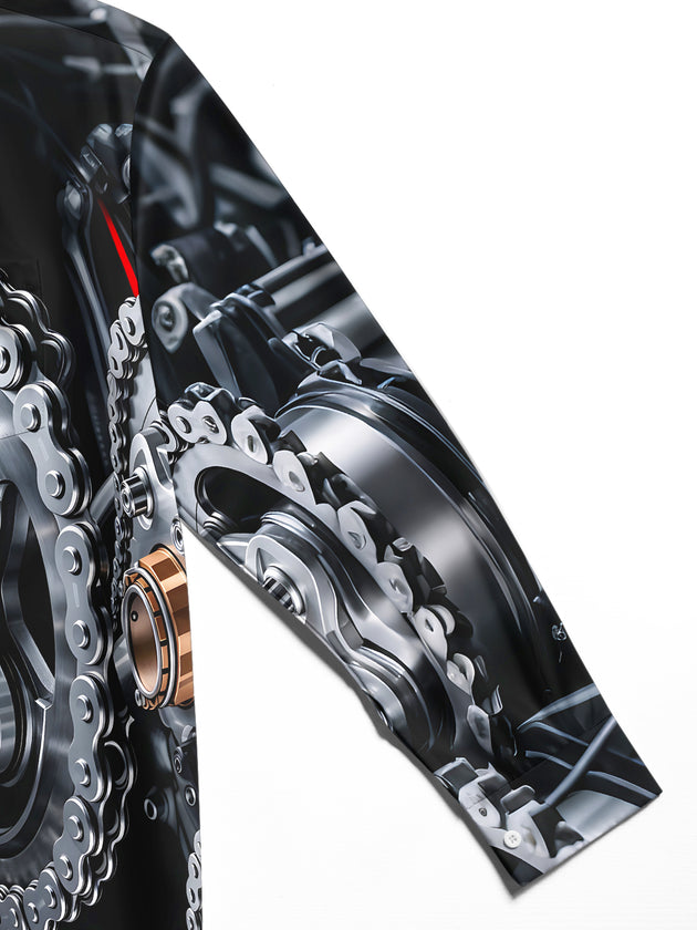 Adaychic Men's 3D Mechanical Gears Print Engine Chains Print Long Sleeve Shirt with Chest Pocket