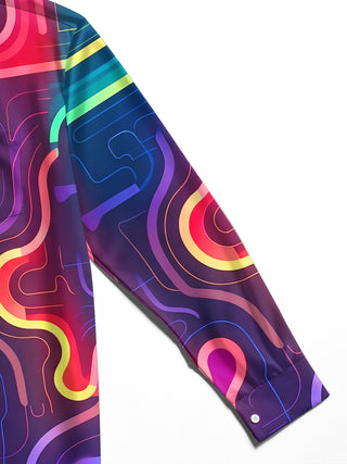 Adaychic Men's Retro Neon Wavy Lines Print Long Sleeve Shirt with Chest Pocket