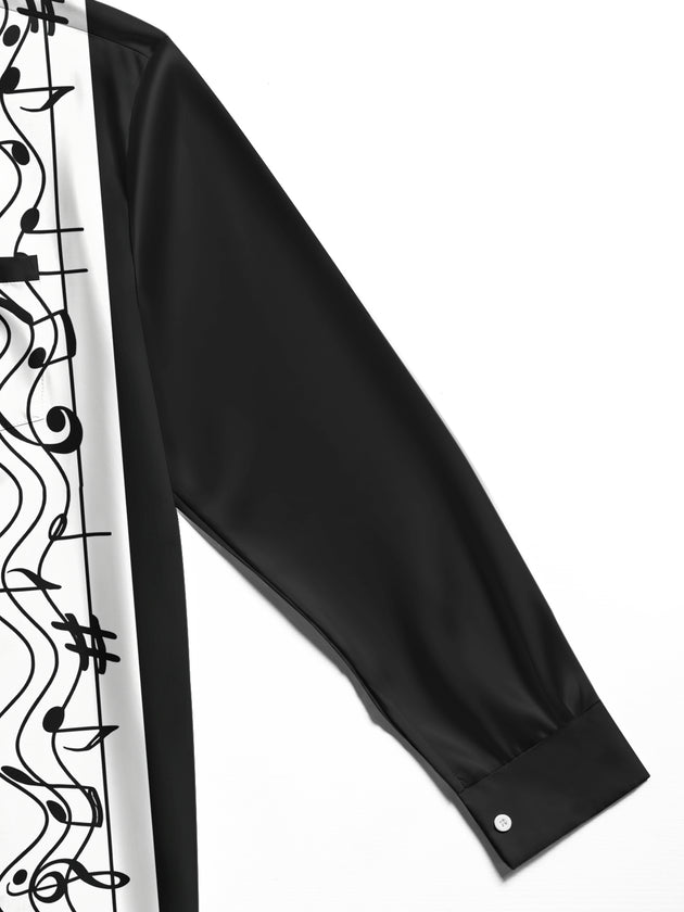 Adaychic Men's Graphic Musical Notes Print Long Sleeve Shirt with Chest Pocket