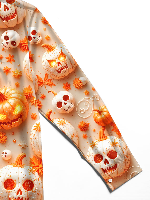 Adaychic Men's Printed Halloween Skull Pumpkins Print Long Sleeve Shirt with Chest Pocket