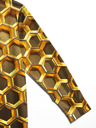 Adaychic Men's 3D 3D Gold Honeycomb Pattern Long Sleeve Shirt with Chest Pocket