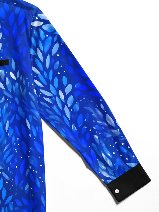 Adaychic Men's Tropical Blue Leaf Pattern Long Sleeve Shirt with Chest Pocket