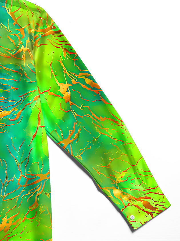 Adaychic Men's Printed Abstract Green And Orange Veins Print Long Sleeve Shirt with Chest Pocket