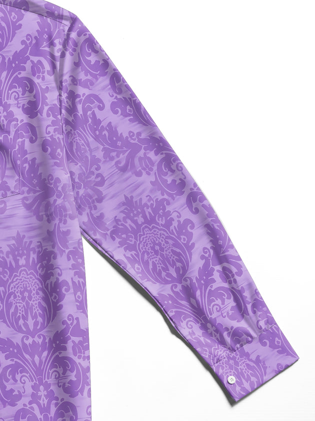 Adaychic Men's Printed Purple Damask Pattern Long Sleeve Shirt with Chest Pocket