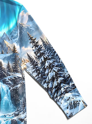 Adaychic Men's Long Sleeve Shirt - Snowy Mountain Landscape With Ice Waterfall Print with Chest Pocket