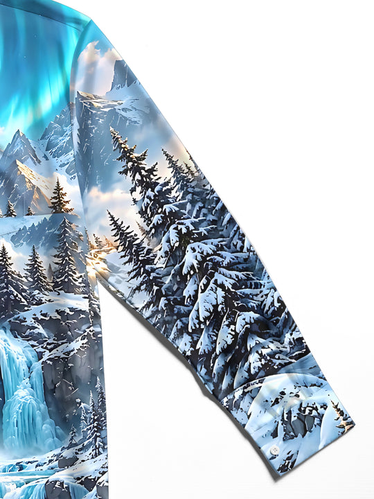 Adaychic Men's Long Sleeve Shirt - Snowy Mountain Landscape With Ice Waterfall Print with Chest Pocket
