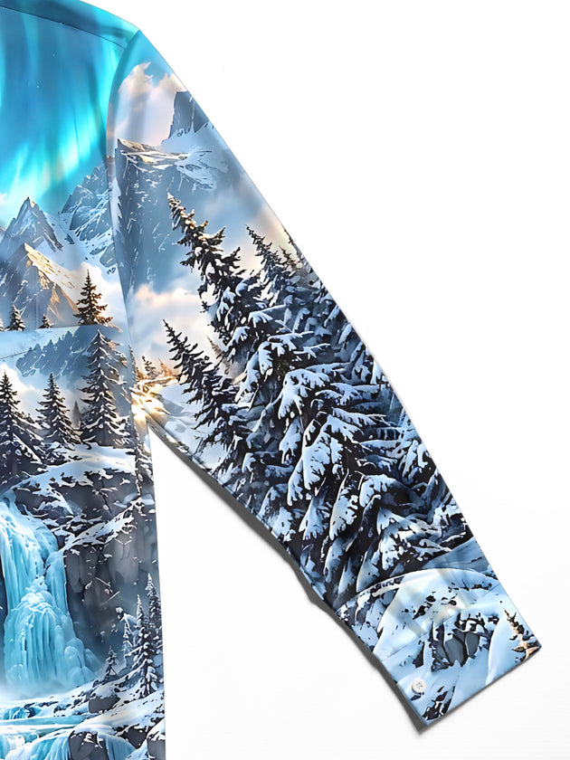 Adaychic Men's Long Sleeve Shirt - Snowy Mountain Landscape With Ice Waterfall Print with Chest Pocket