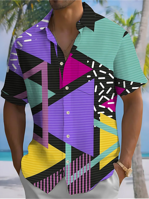 Men's Geometry Print Pocket Short Sleeve Shirt Front View