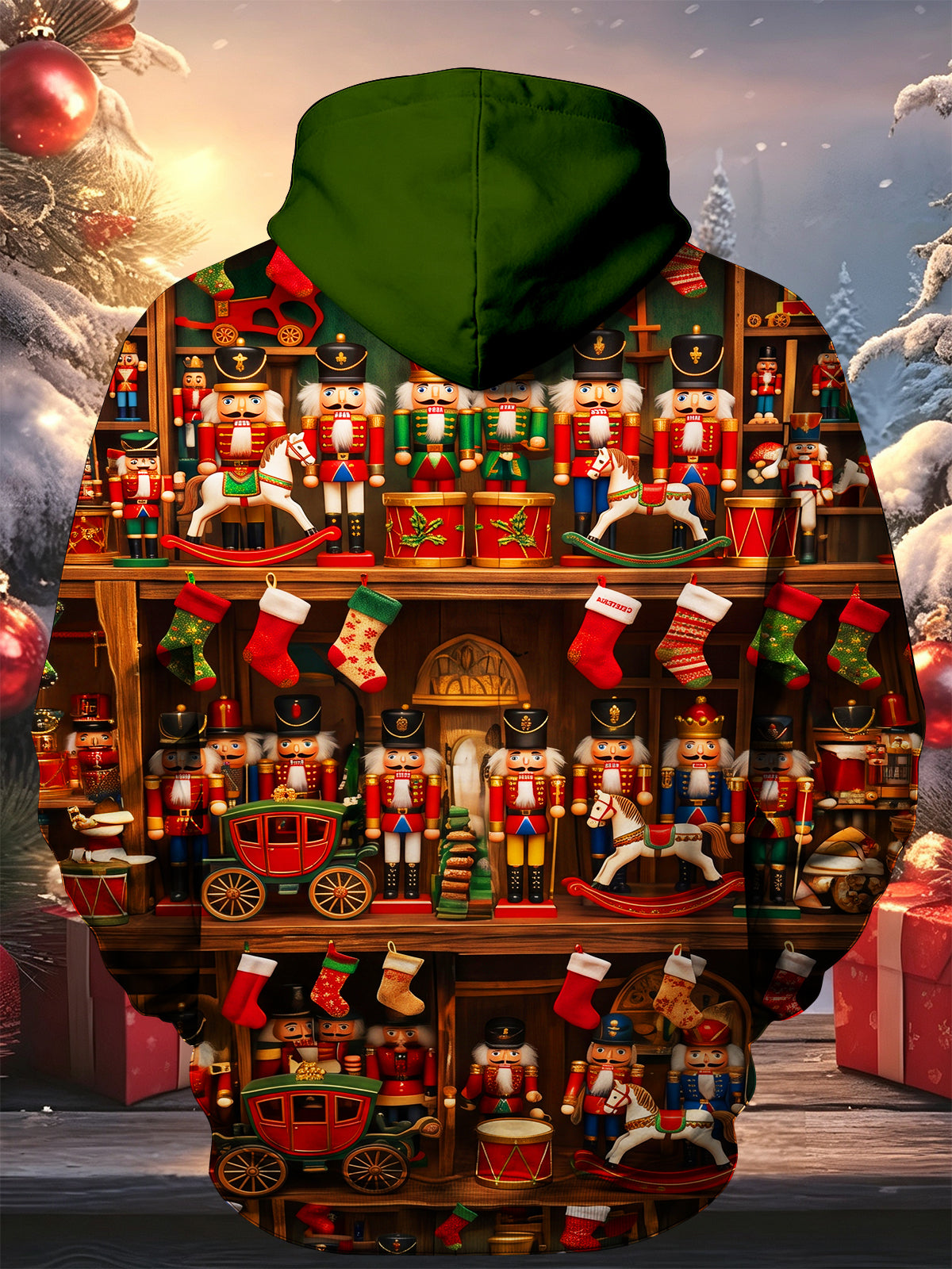 Adaychic Men's Long Sleeve Zip-Up Hoodie - Toy Cabinet Nutcracker Soldiers And Christmas Stockings Print